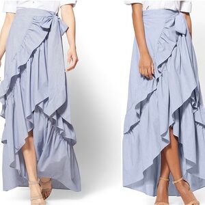New York & Company Sky Blue Striped Ruffle Wrap Maxi Skirt